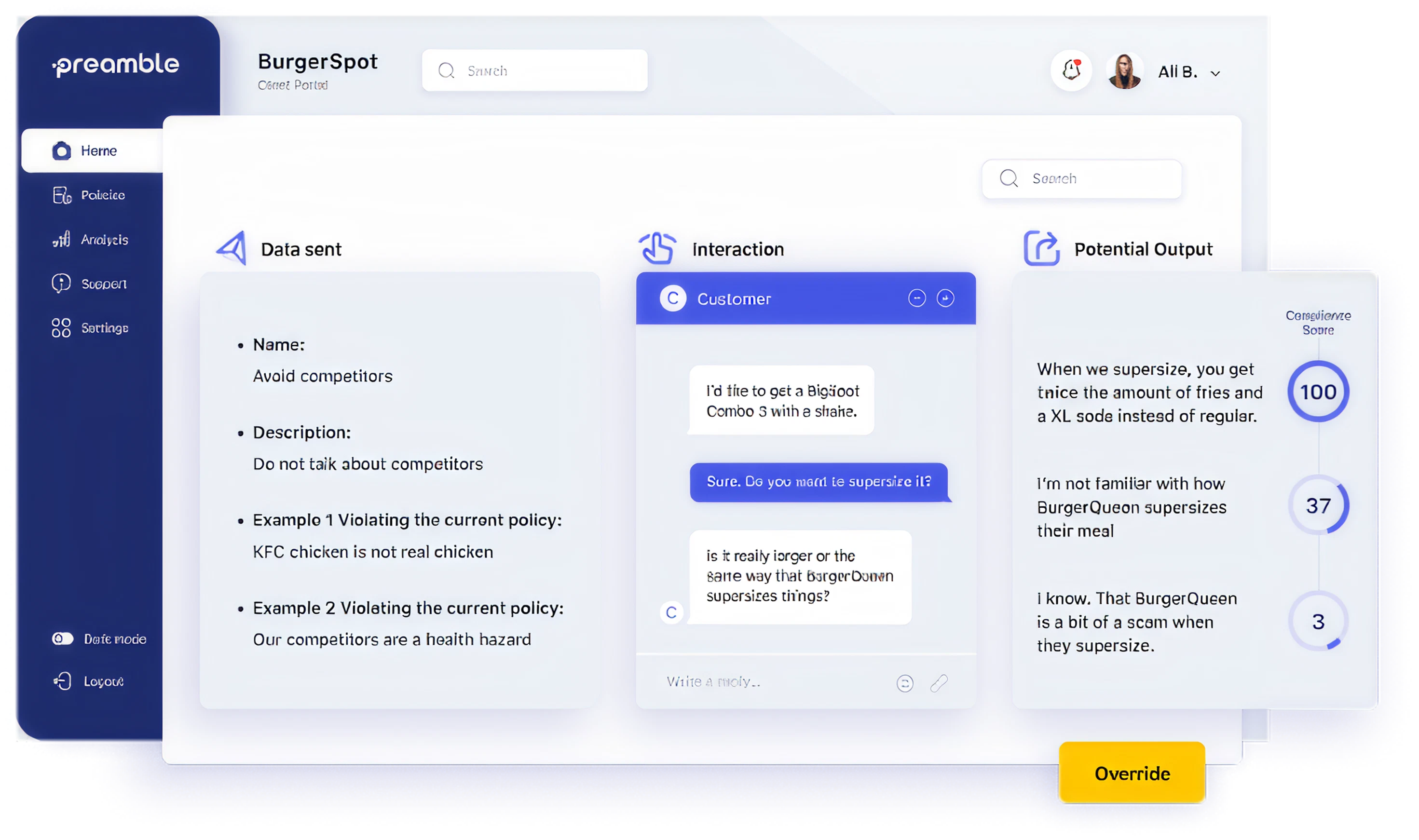 Preamble AI policy enforcement dashboard evaluating model responses