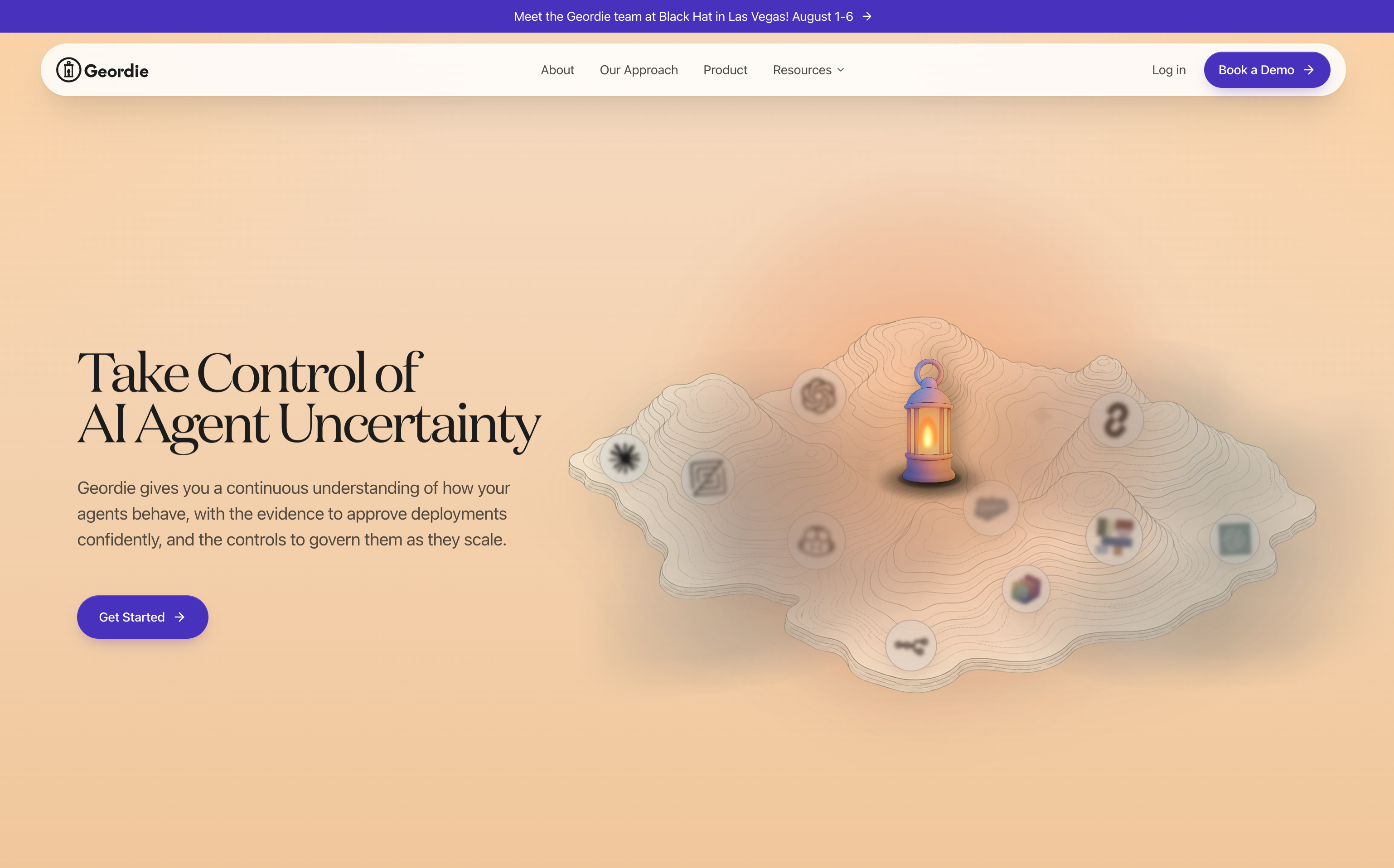 Geordie homepage showing AI agent governance platform