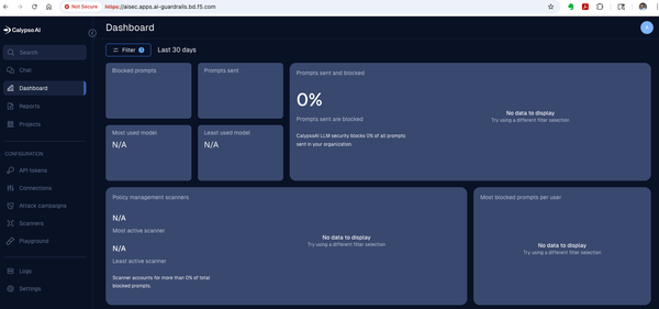CalypsoAI AI inference security dashboard with policy metrics