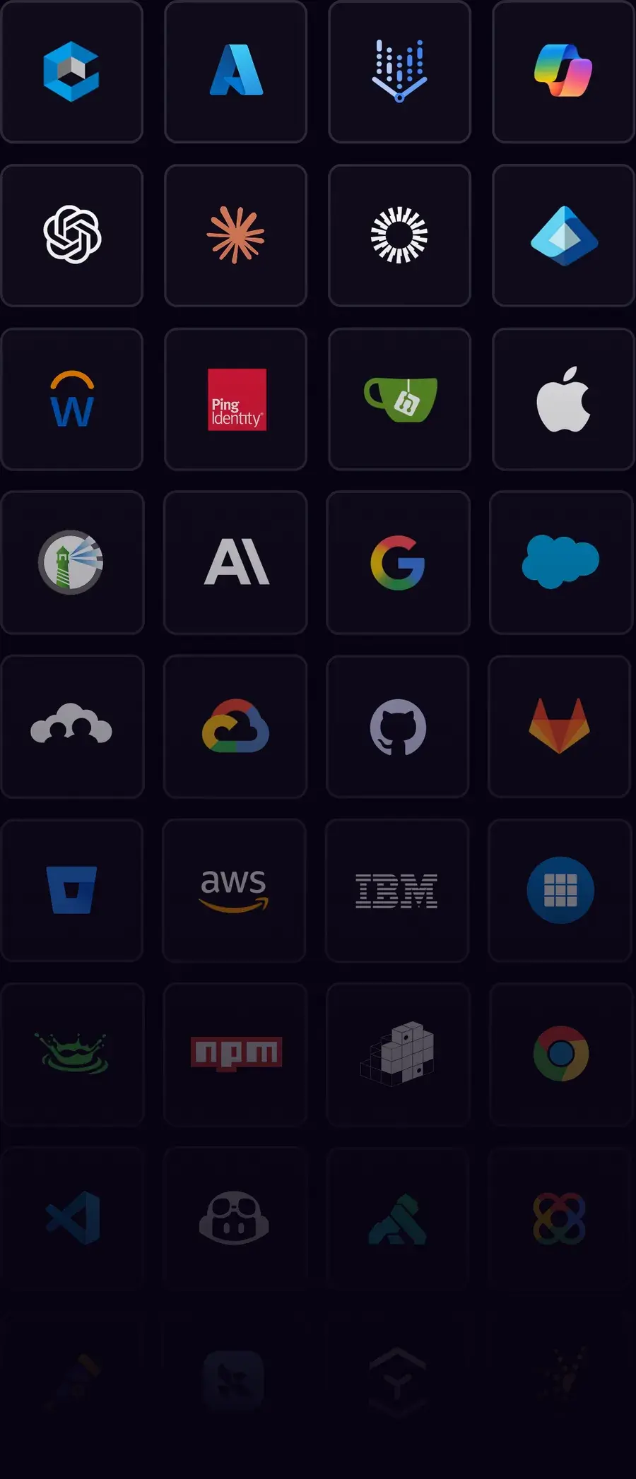 Logos of cloud platforms, applications, identity providers, repositories, registries and observability tools TrustLens integrates with