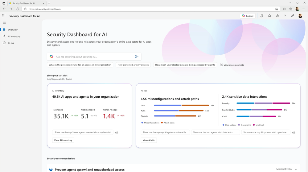 Microsoft AI Security Dashboard showing AI inventory and risk metrics