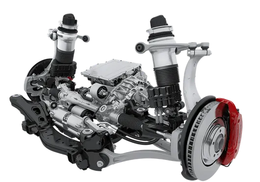 Technical graphic of the air suspension with PASM (Porsche Active Suspension Management) of the Porsche Cayenne Turbo.