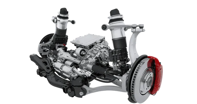 Technical graphic of the air suspension with PASM (Porsche Active Suspension Management) of the Porsche Cayenne Turbo.