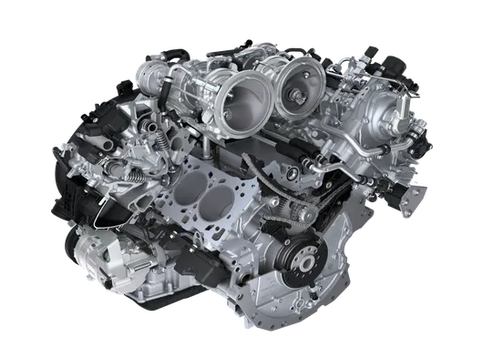 Technical diagram of the 2.9-liter twin-turbo V6 engine in the Porsche Macan S.