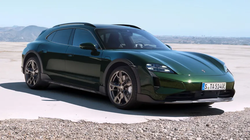 The Taycan Turbo Cross Turismo parked in an open space.