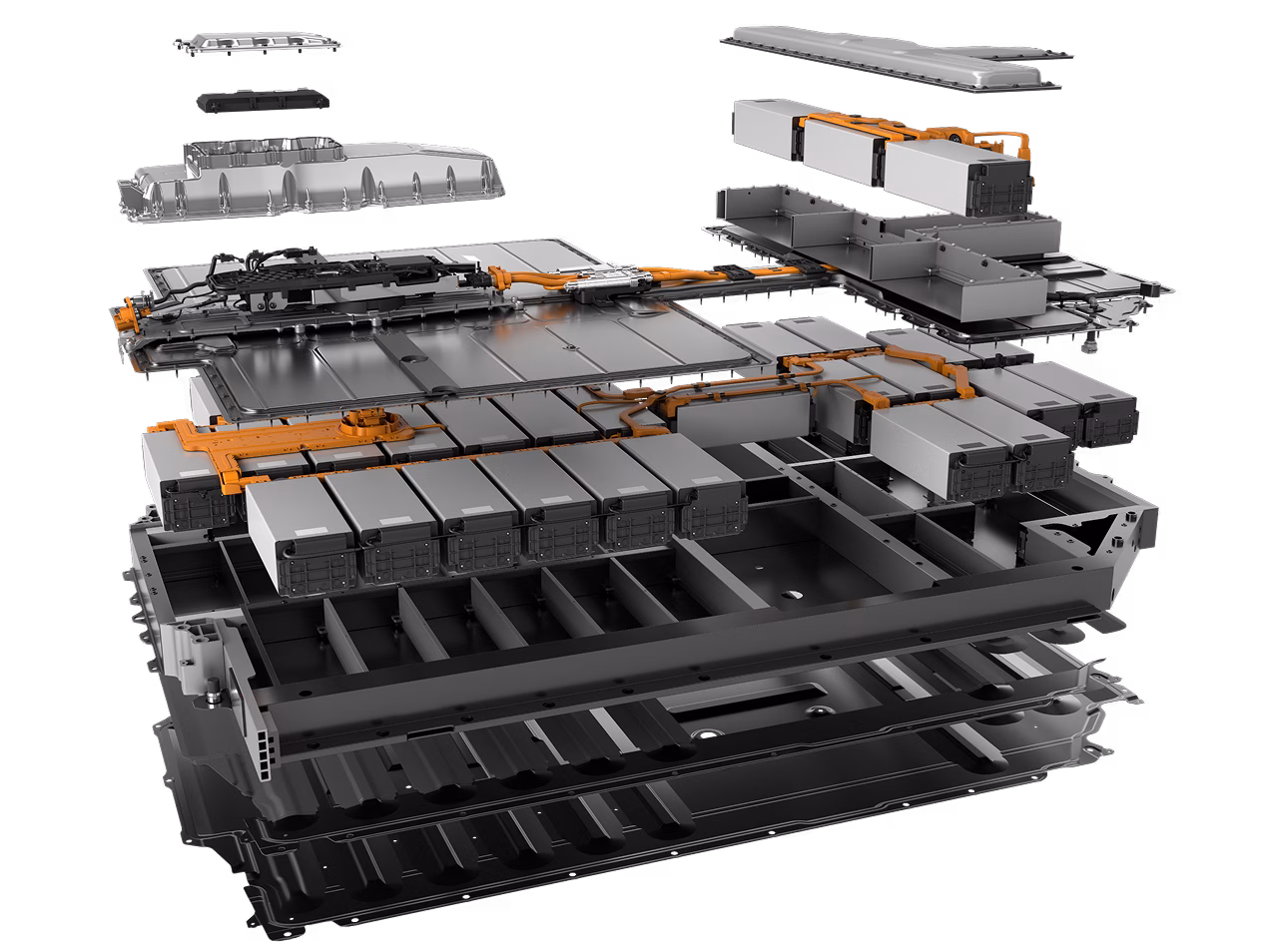 Exploded view of the Porsche high-voltage battery.