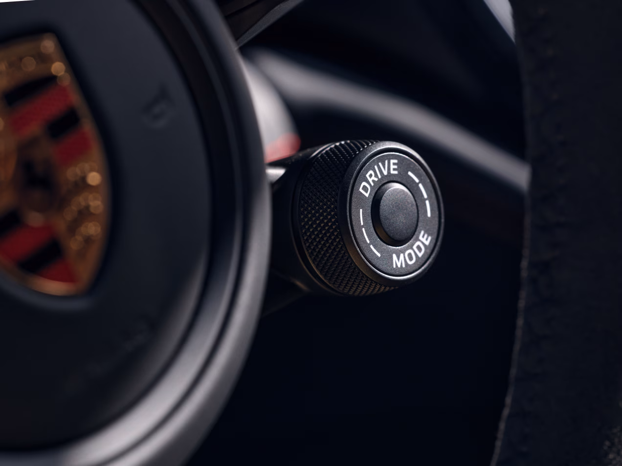 Close up of the GT sports steering wheel in the Porsche Panamera GTS.