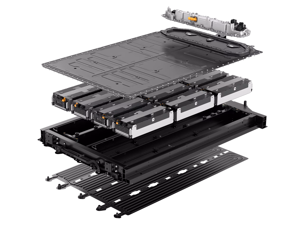 Exploded diagram of a Porsche battery.