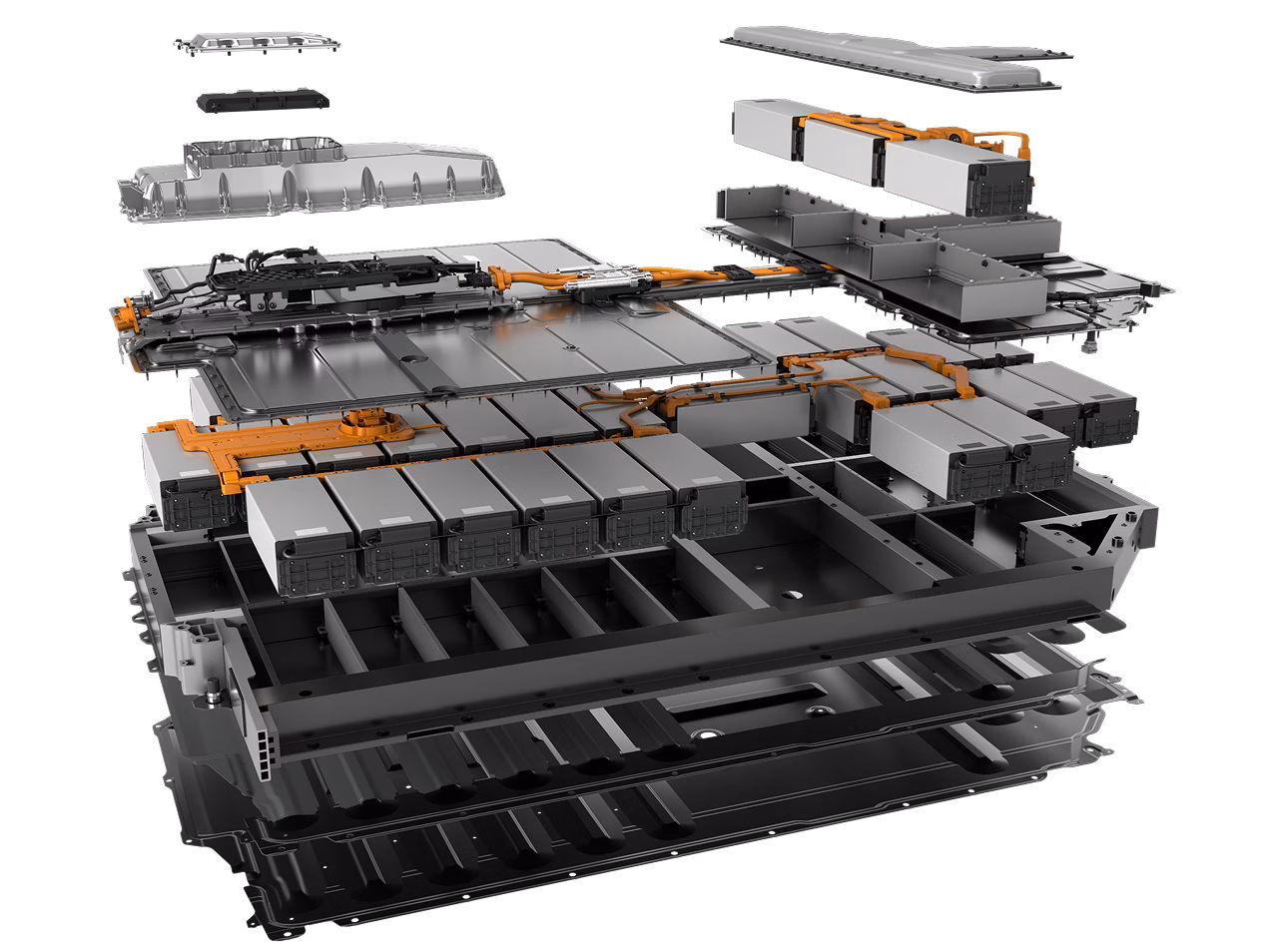 Exploded view of the Porsche high-voltage battery.