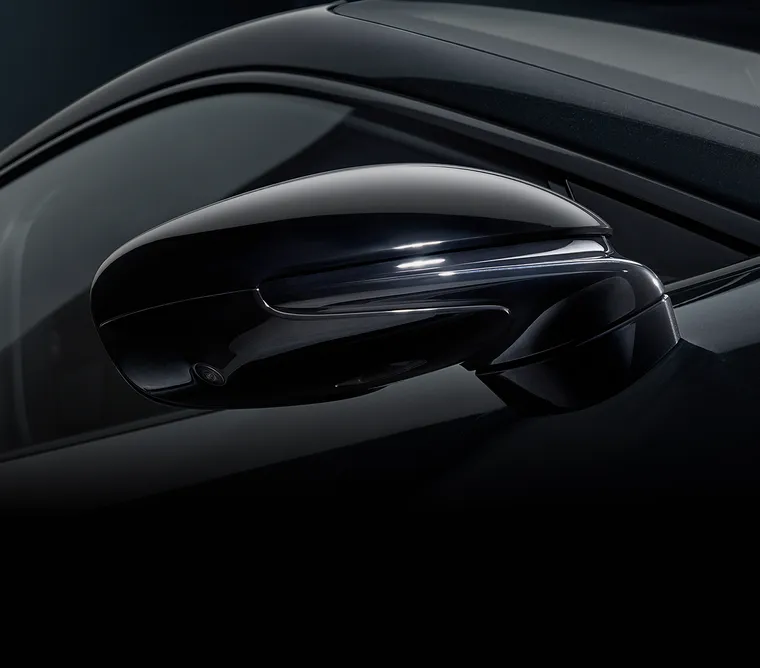 Detailansicht der in Schwarz hochglanz lackierten Leisten der Seitenscheiben und des Außenspiegels bei dem Porsche Taycan 4S Black Edition in Tiefschwarzmetallic.