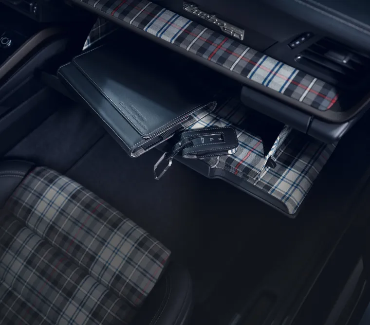 View of tartan elements inside the Porsche 911 Turbo 50 Years. 