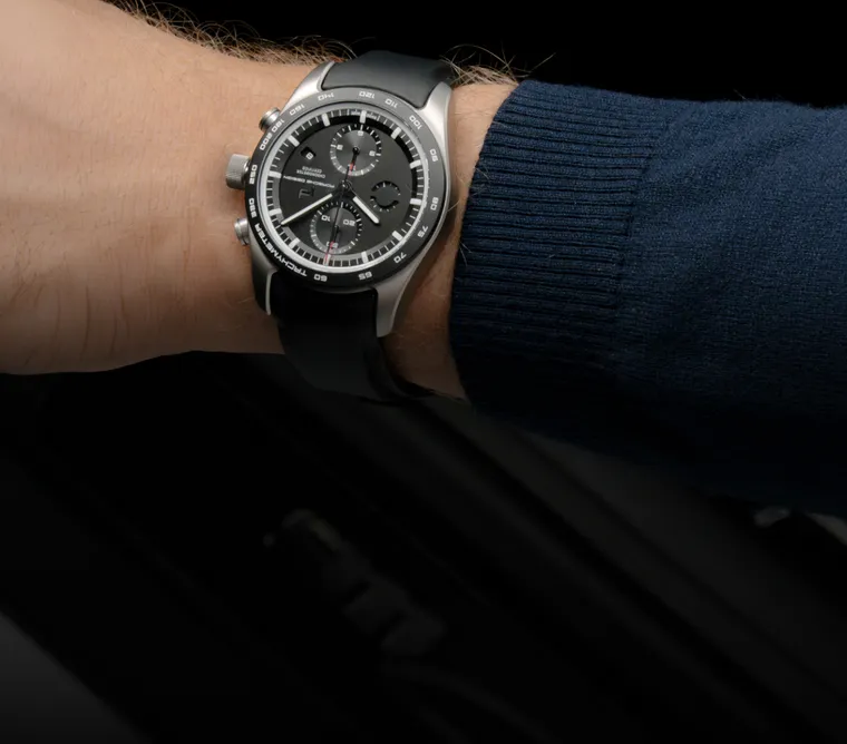 Detailed view of a Porsche Design custom-built timepiece (chronograph / watch).