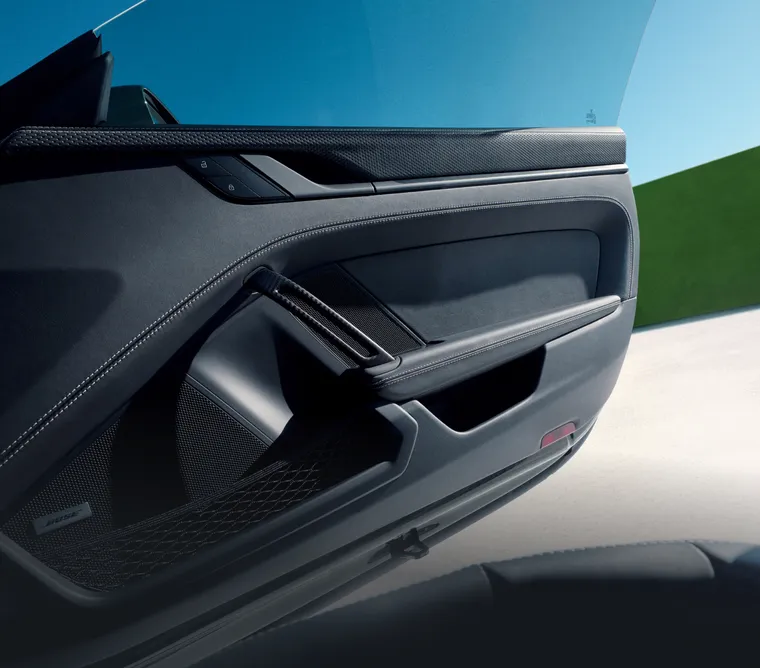 Ansicht der Leichtbau-Türverkleidung mit Türzuziehgriffen in Sichtcarbon im Porsche 911 GT3 mit Touring-Paket.