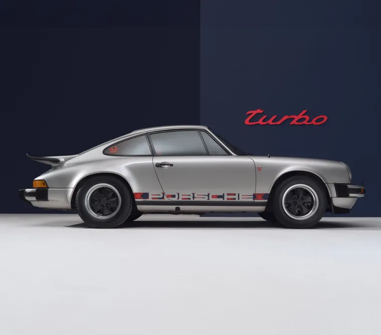 Der legendäre Porsche 911 Turbo „No. 1“ wird von der Seite / im Profil gezeigt. 