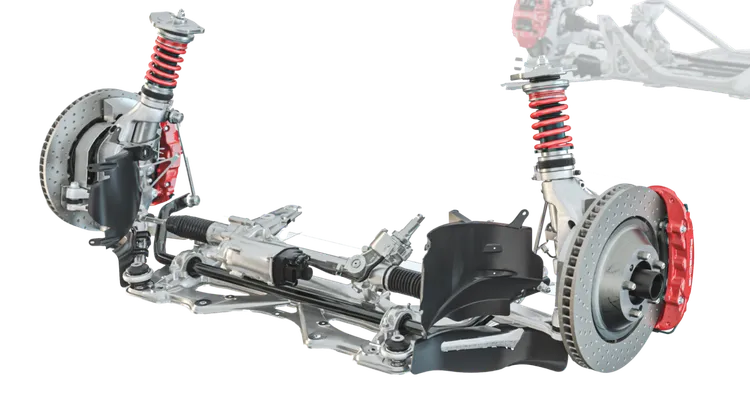 Gráfico del sistema de suspensión activa Porsche Active Suspension Management (PASM) del Porsche 718 Spyder RS.