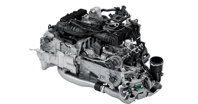 Technische tekening van de 3,6-liter boxermotor van de Porsche 911 Carrera GTS modellen.