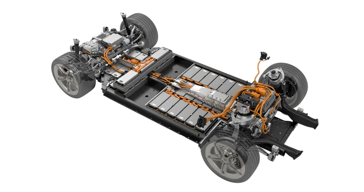 Rappresentazione grafica della batteria e dei cavi della Porsche Taycan GTS.