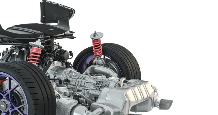 Gráfico técnico del chasis rodante del Porsche 718 Cayman GT4 RS.