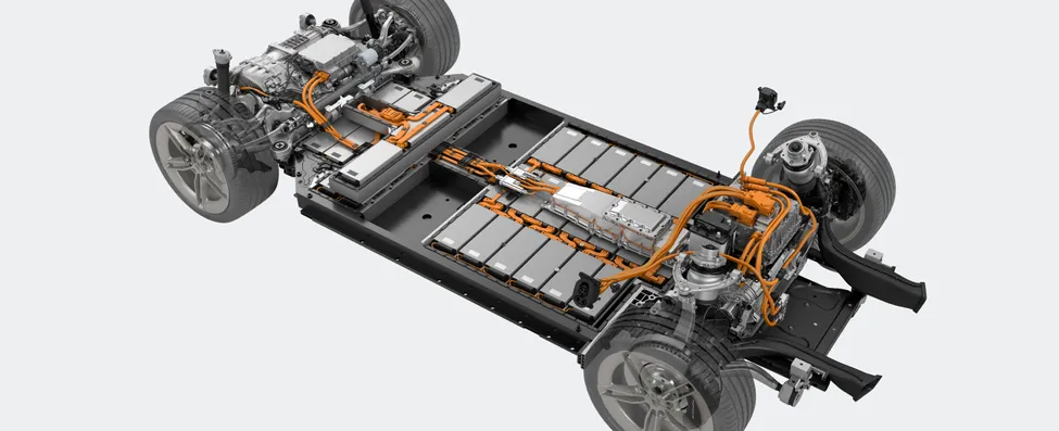 Graphic of the charging architecture in the Porsche Taycan Turbo Sport Turismo. 