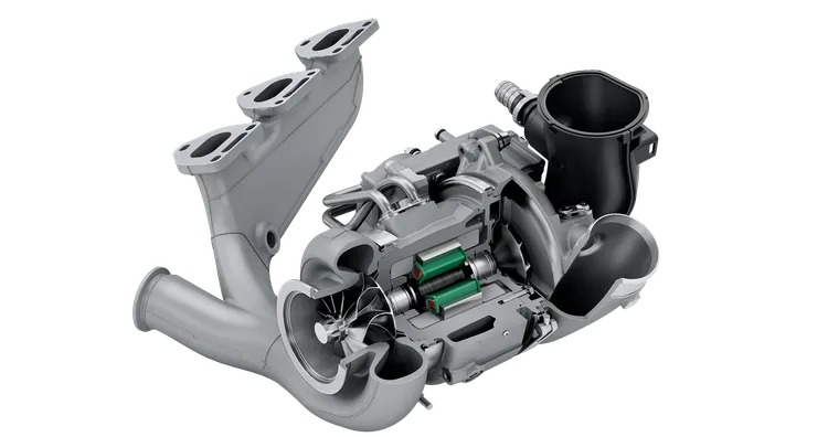 Technical graphic of the electric exhaust turbocharger on the Porsche 911 Carrera GTS.