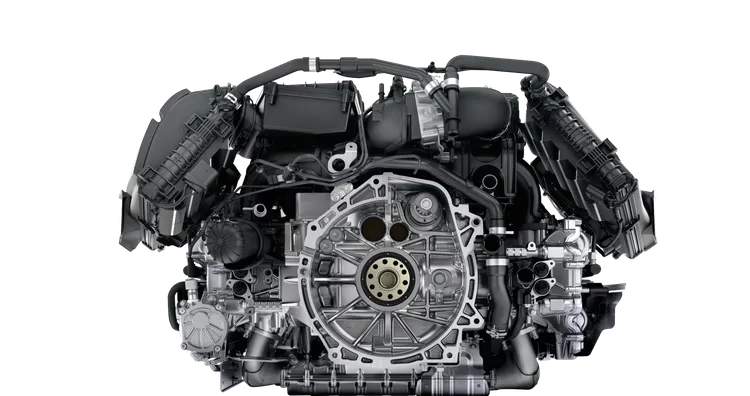 Illustration of the 2.5-liter Turbo boxer engine with VTG in the Porsche 718 S models.