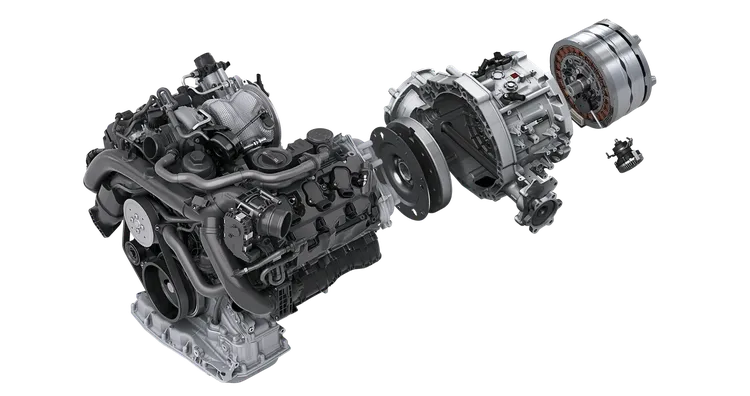 Графическое изображение двигателя и электродвигателя в Porsche Cayenne E-Hybrid.