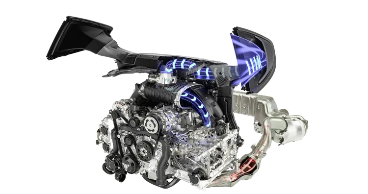Vista técnica del motor atmosférico bóxer de 4.0 litros y 6 cilindros del Porsche 718 Cayman GT4 RS.