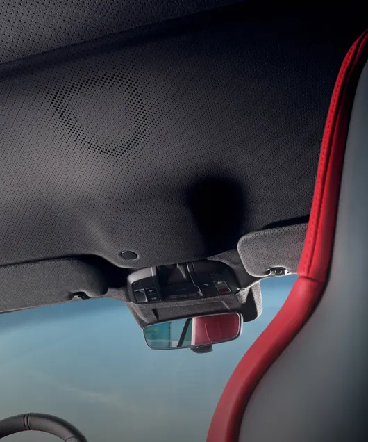 Blick von innen auf den Verdeckhimmel in Race-Tex in Schiefergrau beim Porsche 911 GT3 S/C mit Street Style Paket.