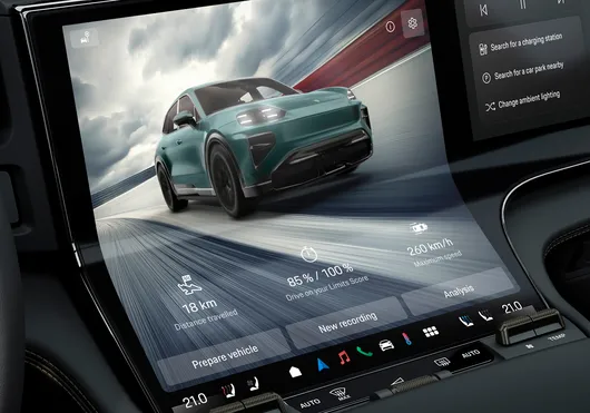 Detailed view of the infotainment system in the Porsche Cayenne Turbo with Sport Chrono package.