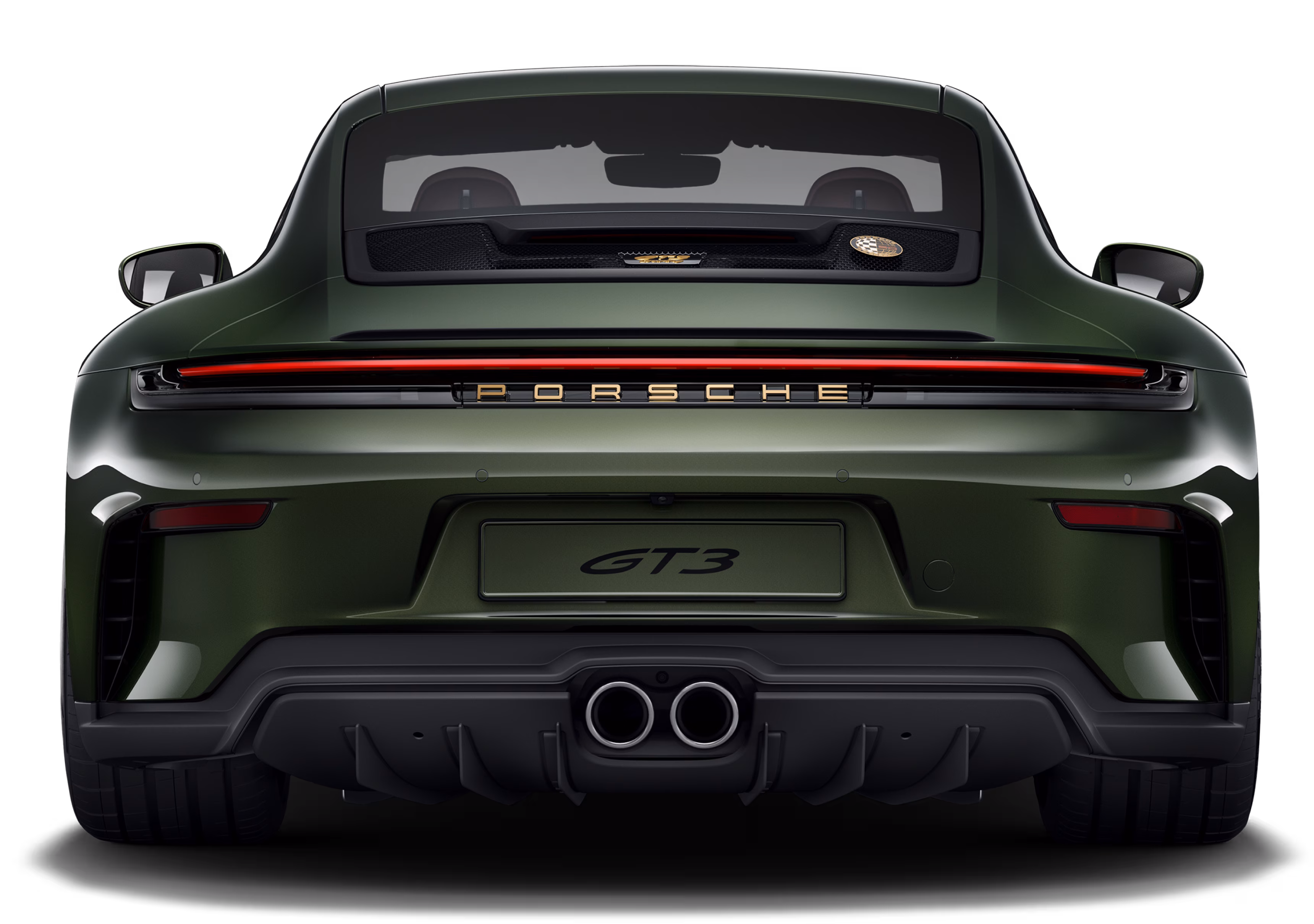Rear view of the Porsche 911 GT3 90 F. A. in F. A. Greenmetallic.