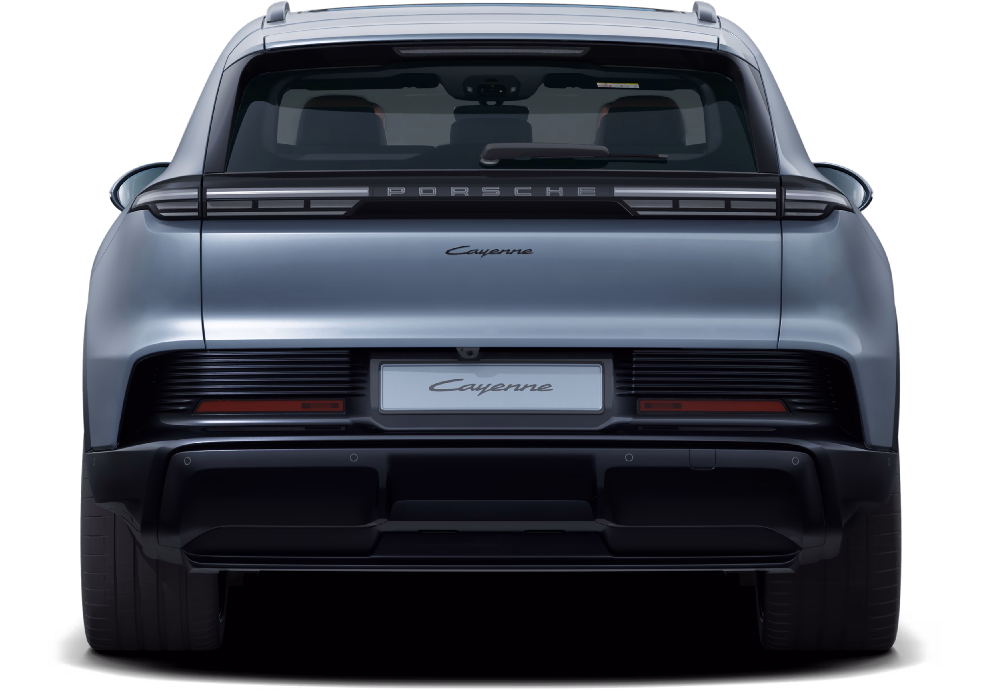 Rear view of the Porsche Cayenne in Vanadium Grey Metallic.