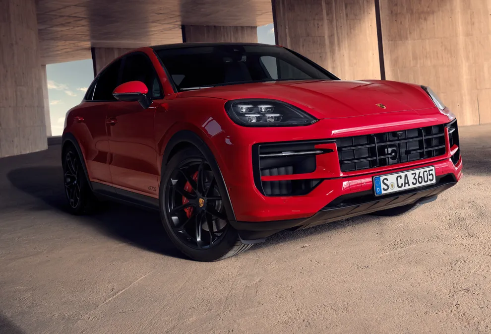 View of the rear of a Porsche Cayenne GTS Coupé in Carmine Red.