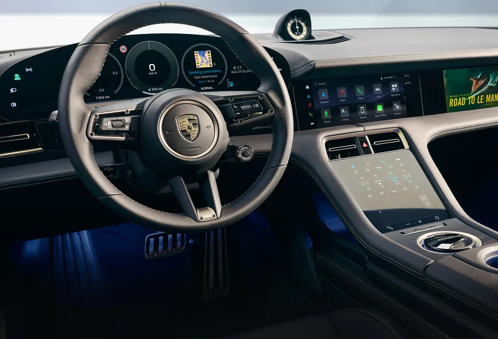 Porsche Taycan Turbo S interior. View into the cockpit.