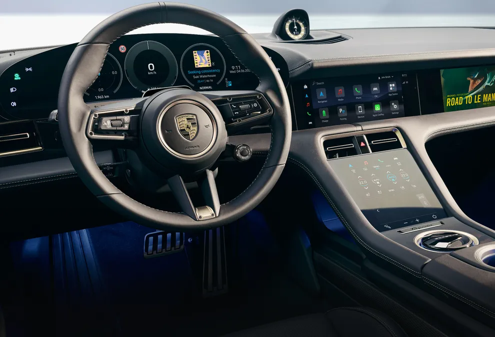 Porsche Taycan Turbo S interior. View into the cockpit.