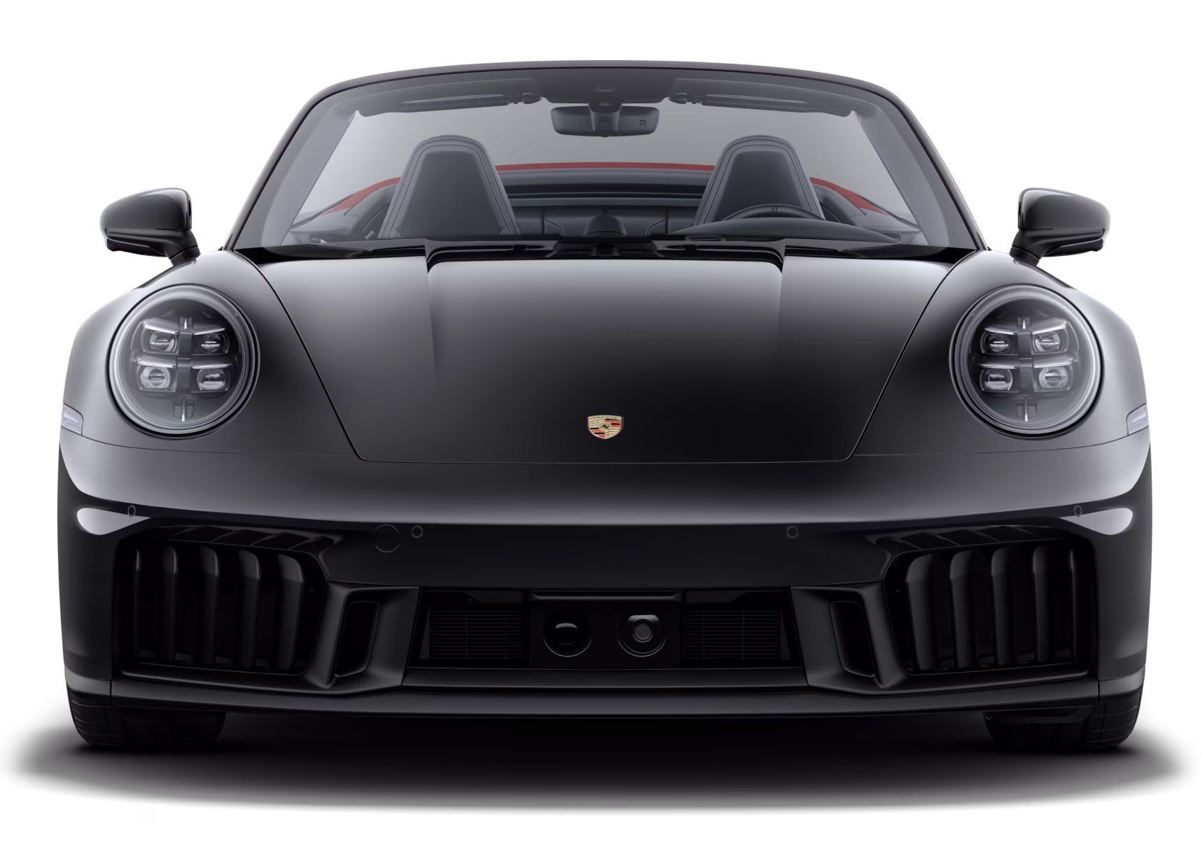 Porsche 911 Carrera GTS Cabriolet in Black with roof in Red. Front view.