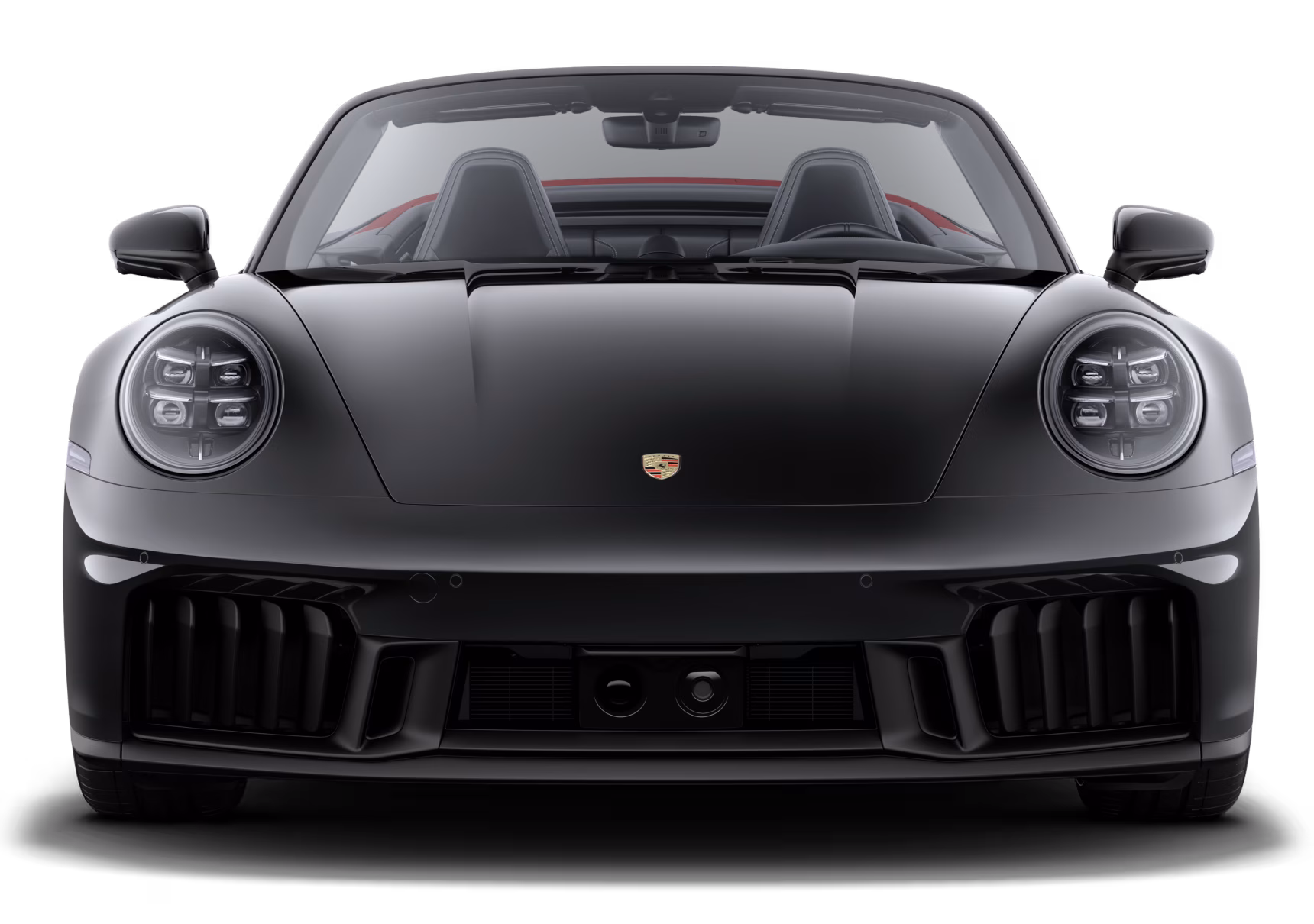 Porsche 911 Carrera GTS Cabriolet in Black with roof in Red. Front view.