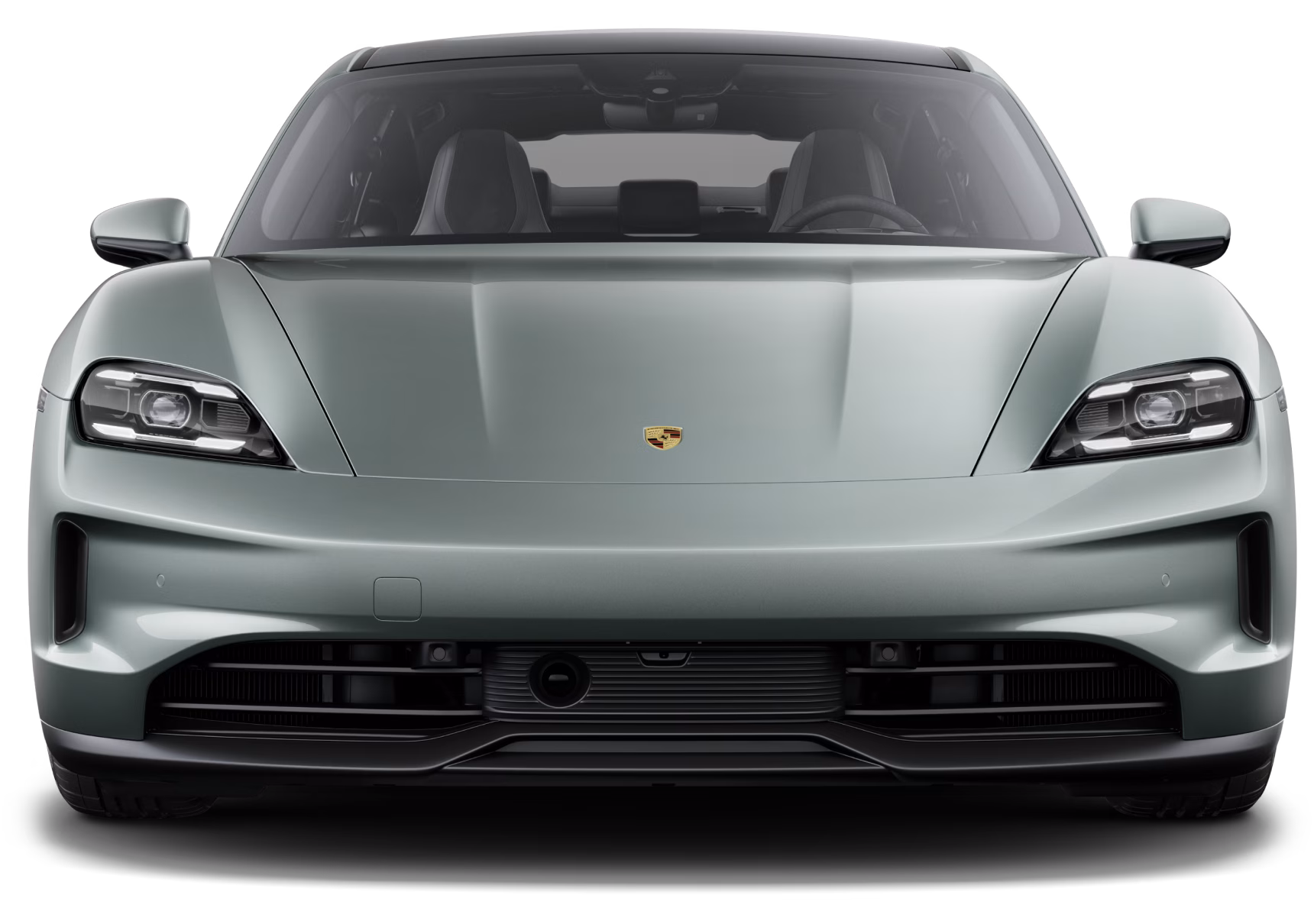 Le Porsche Taycan en Vert Ombre métallisé vu de face.