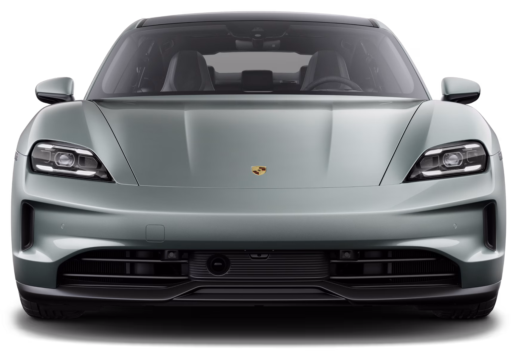 Front view of the Porsche Taycan in Shade Green Metallic.