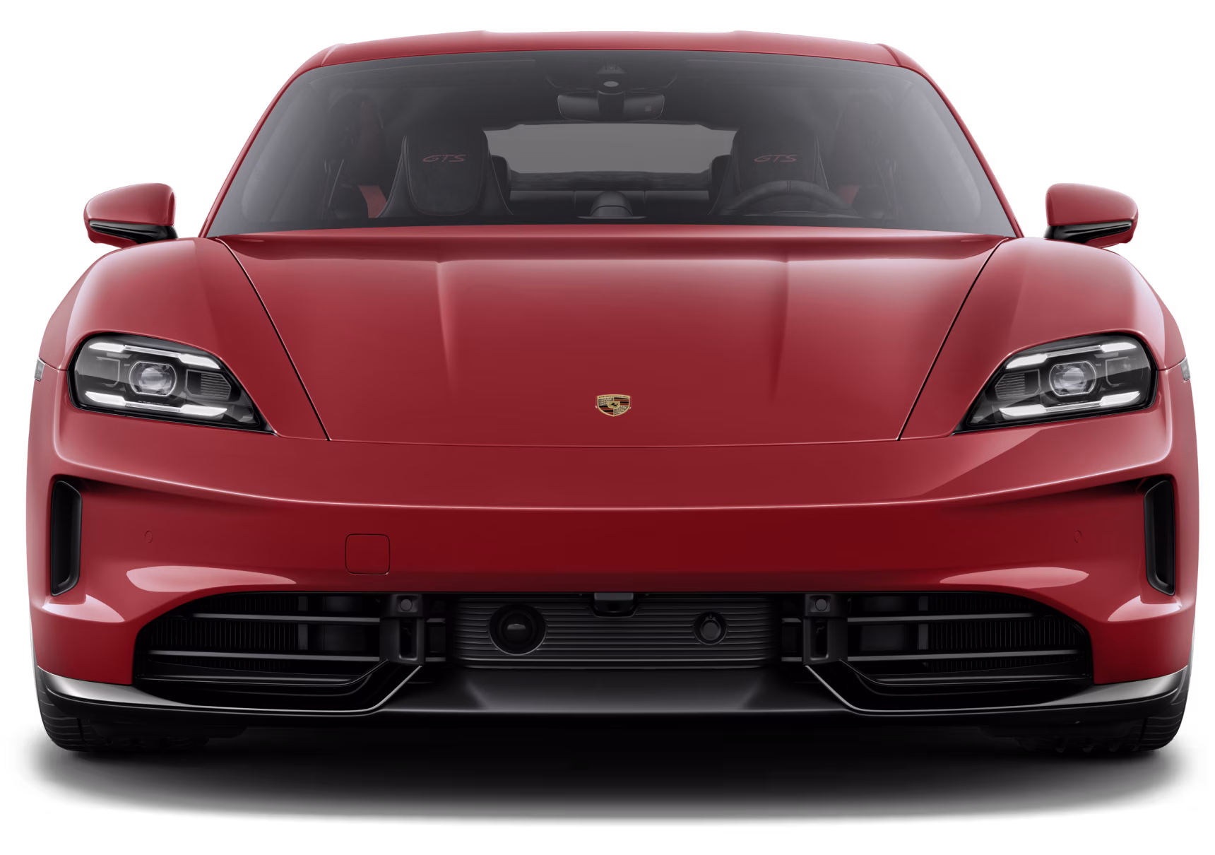Frontansicht des Porsche Taycan GTS in Karminrot.