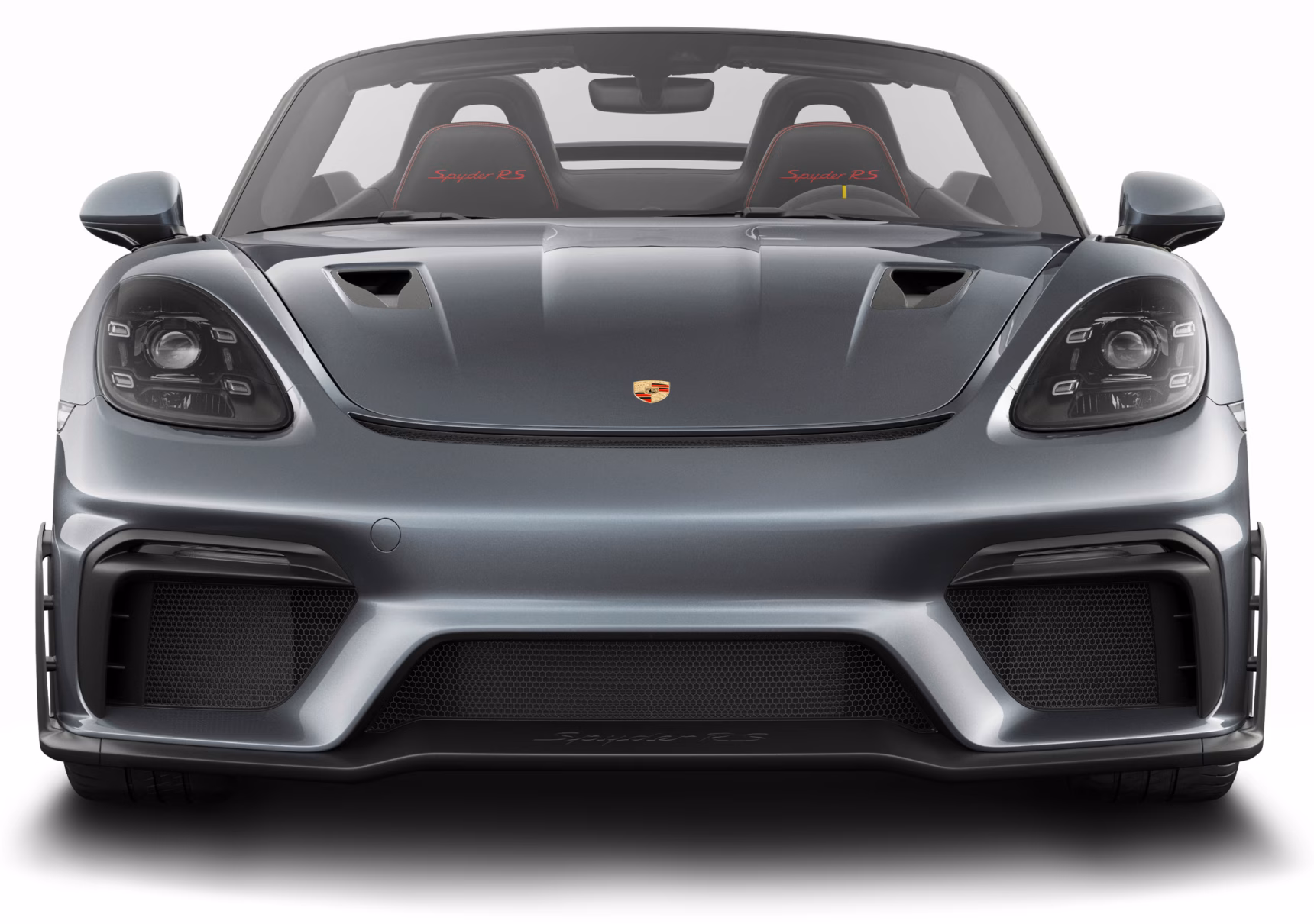 Vooraanzicht van de Porsche 718 Spyder RS in gespoten Vanadiumgrijs metallic.