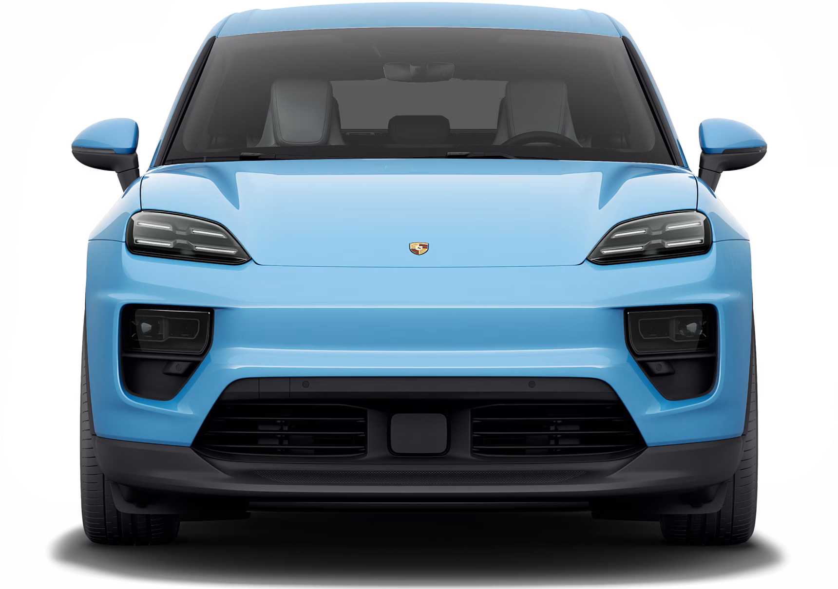 Porsche Macan in Frozenbluemetallic. Sicht auf die Front.
