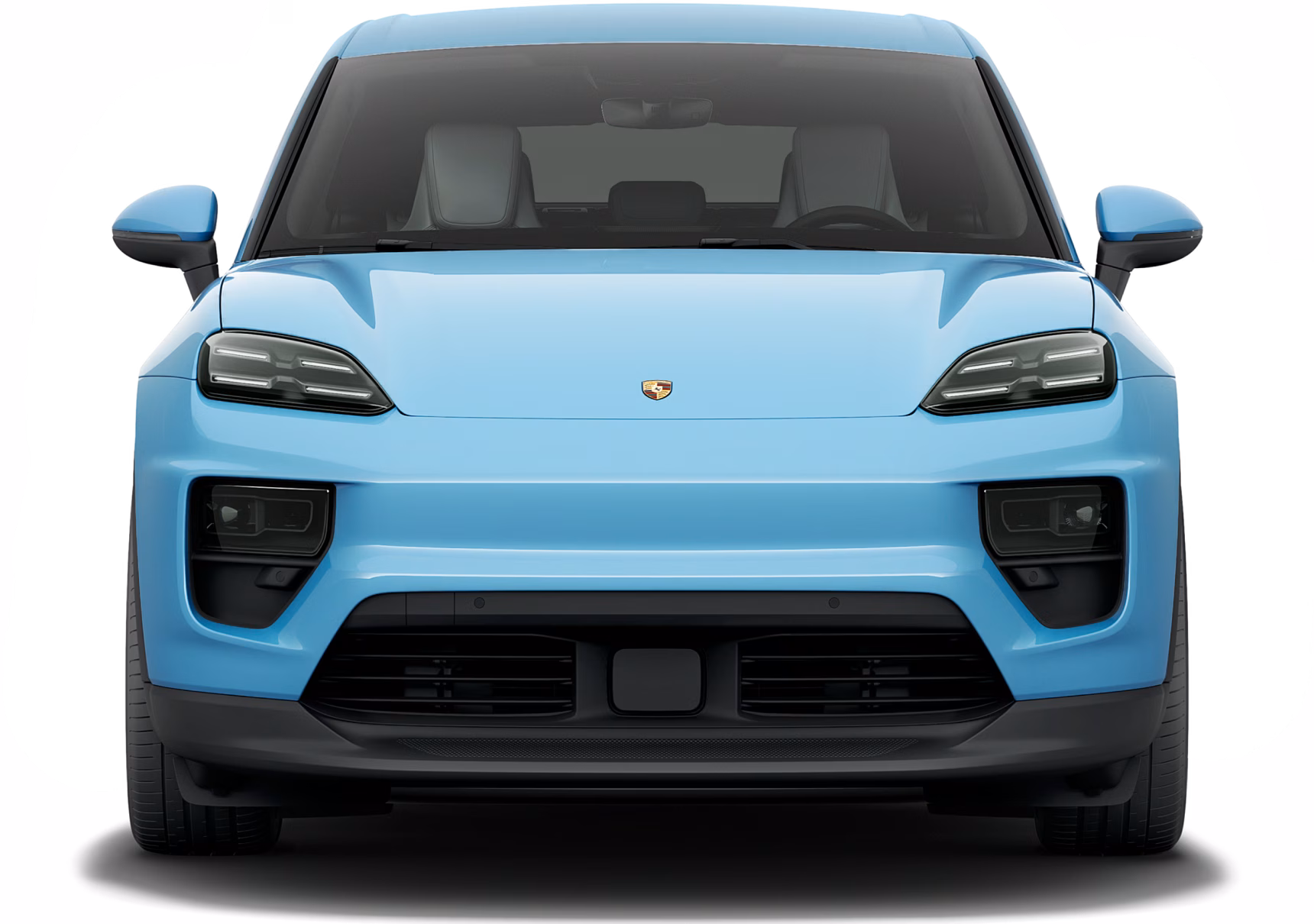 Porsche Macan in Frozen Blue Metallic. Front view.