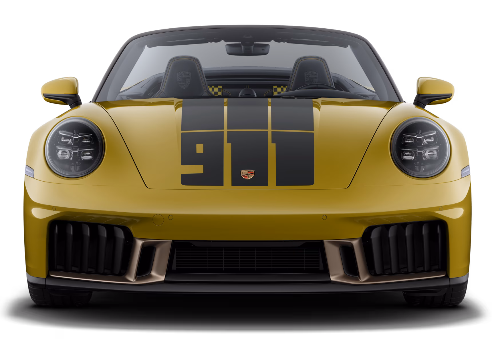 Front view of the Porsche 911 Spirit 70 in an Olive Neo paint finish.