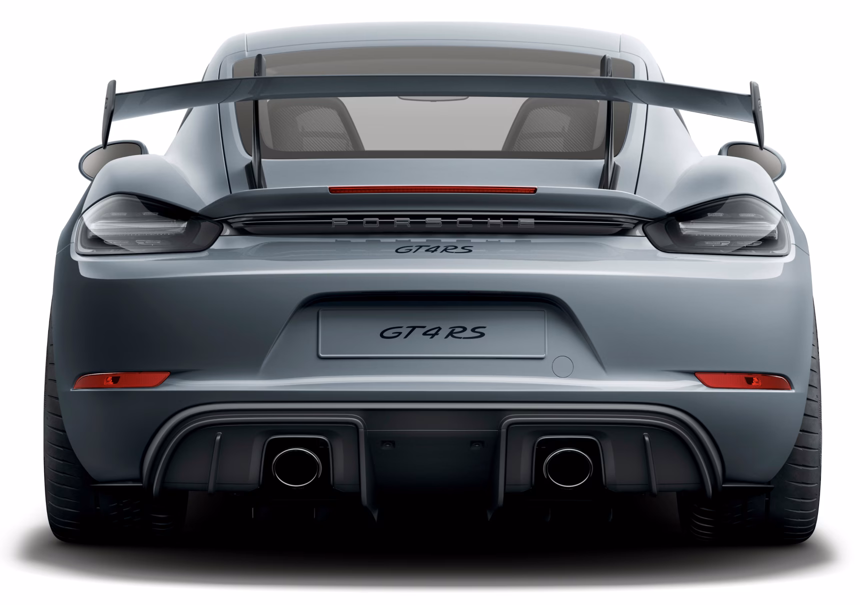 Vista posteriore della Porsche 718 Cayman GT4 RS in grigio artico.