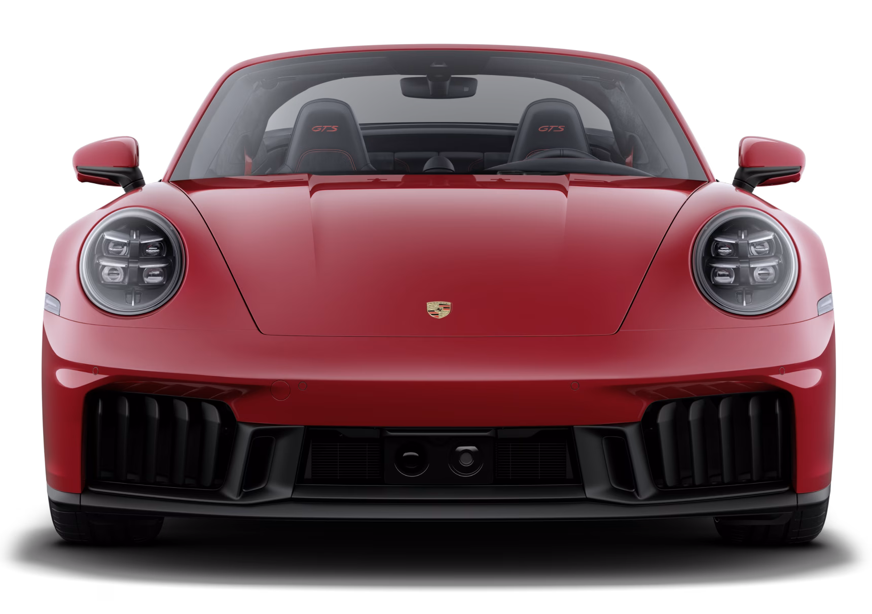 Porsche 911 Targa 4 GTS in Carmine Red with roof in Black. Front view.