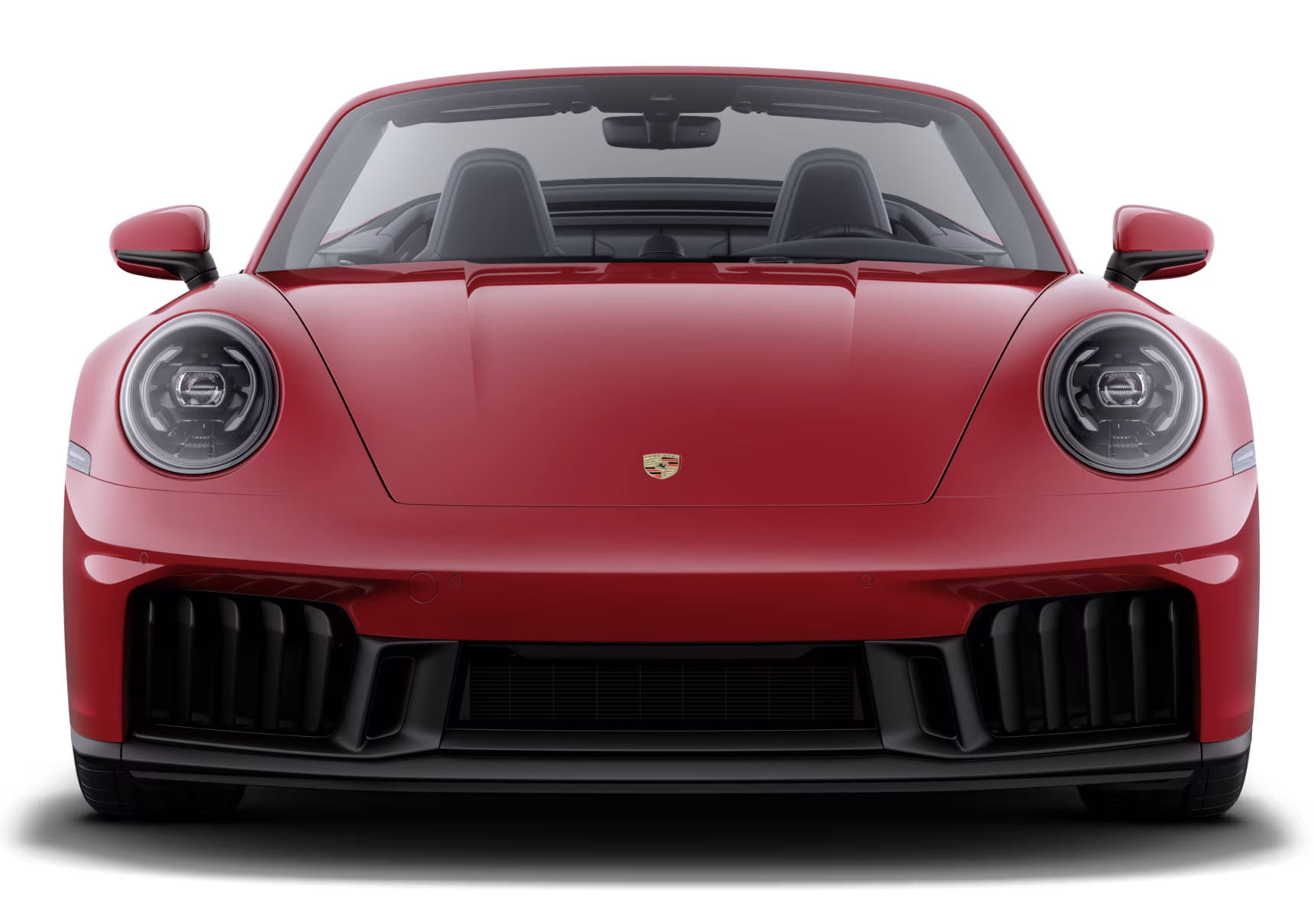 Porsche 911 Carrera 4 GTS Cabriolet in Carmine Red with roof in Black. Front view.