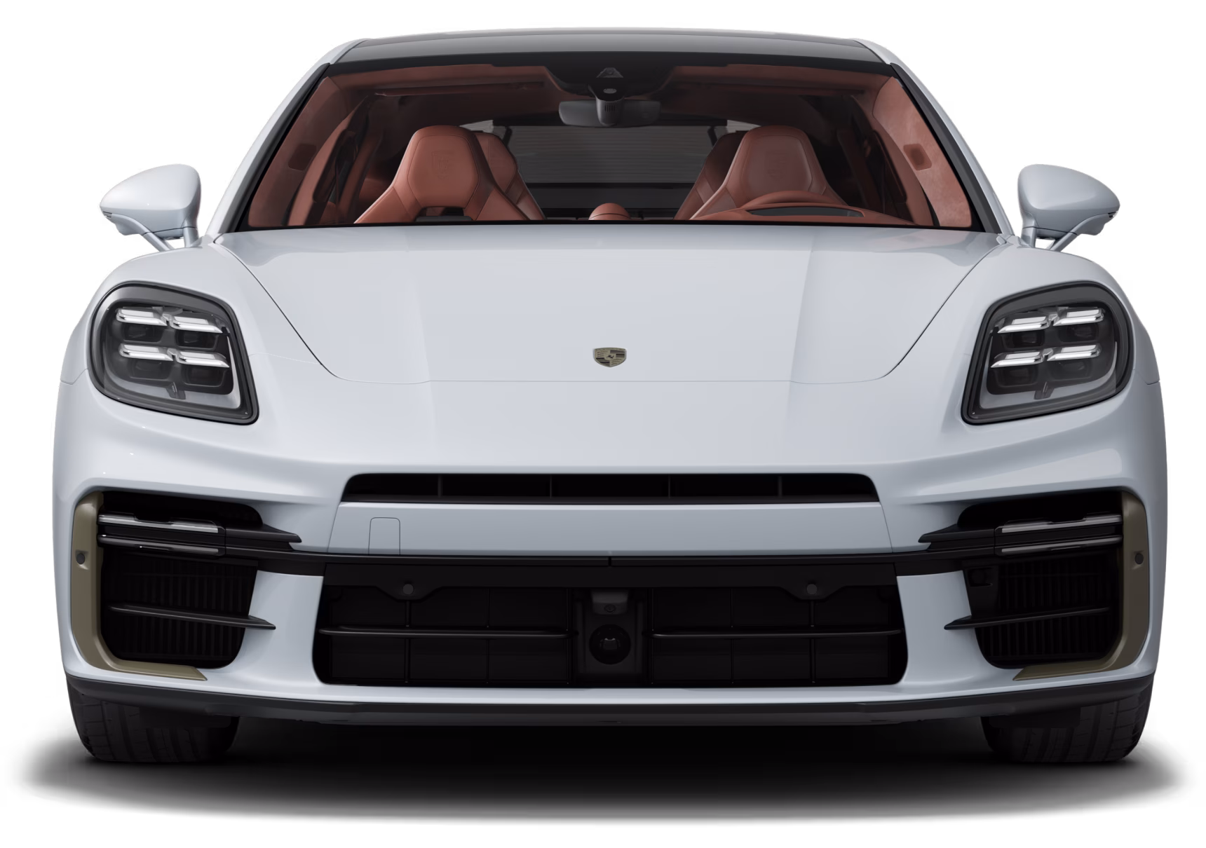 Front view of the Porsche Panamera Turbo S E-Hybrid in Ice Grey Metallic.