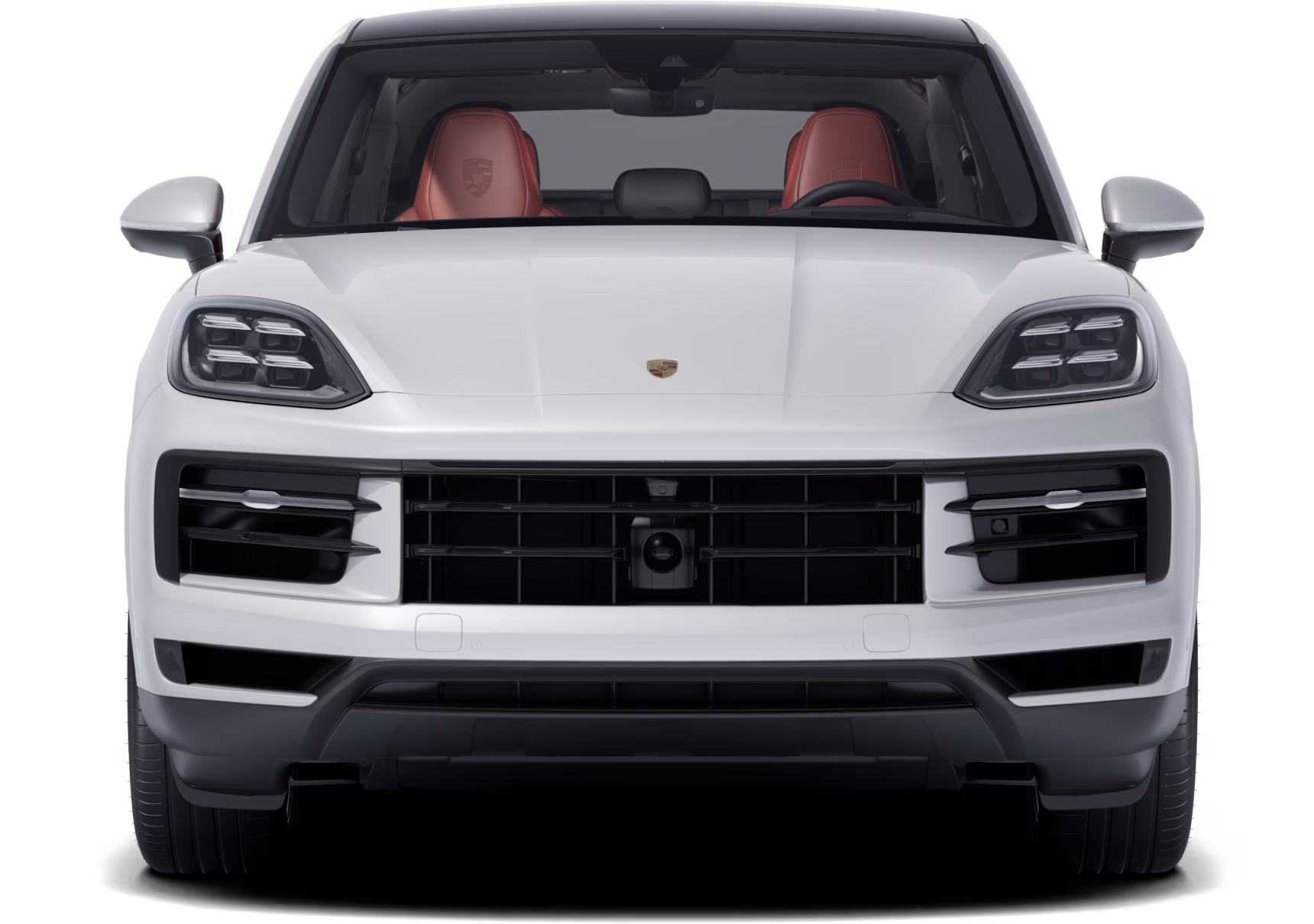 Front view of a Porsche Cayenne E-Hybrid Coupé in Carrara White Metallic.