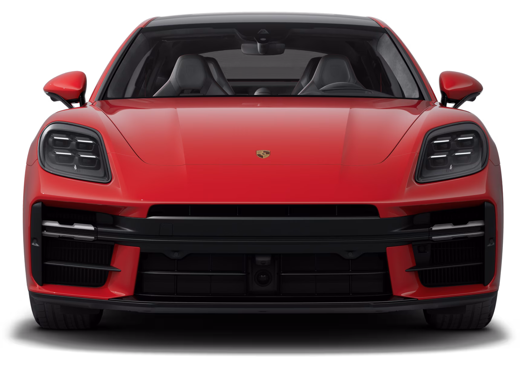 Vista frontale della Porsche Panamera GTS in Rosso Carminio. 