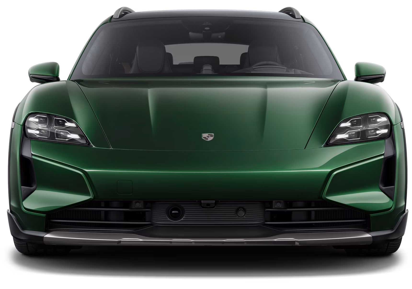 Front view of Porsche Taycan Turbo Cross Turismo in Oak Green Metallic Neo.